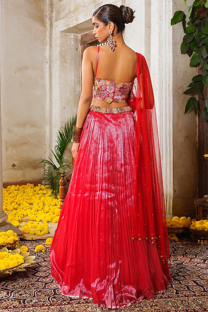 Red Kota Embroidered Micro Pleated Wedding Lehenga Set by Anu Pellakuru at Pernia's Pop Up Shop