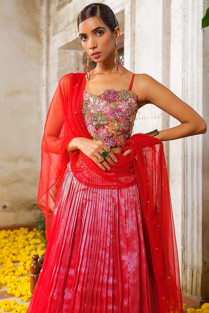 Red Kota Embroidered Micro Pleated Wedding Lehenga Set by Anu Pellakuru at Pernia's Pop Up Shop