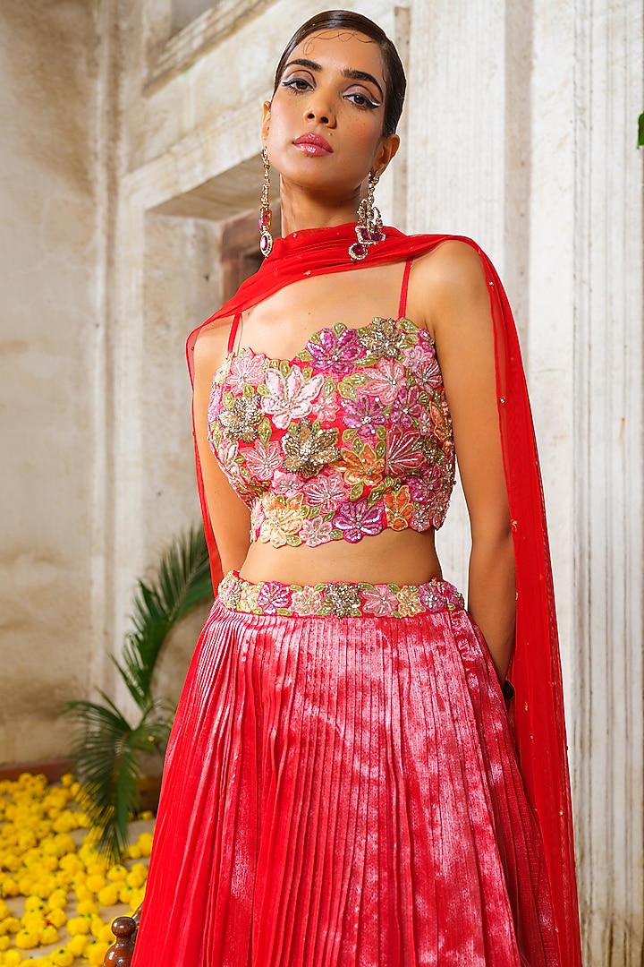 Red Kota Embroidered Micro Pleated Wedding Lehenga Set by Anu Pellakuru at Pernia's Pop Up Shop