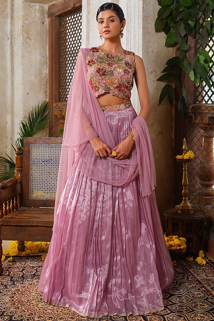 Mauve Kota Micro Pleated Wedding Lehenga Set by Anu Pellakuru at Pernia's Pop Up Shop