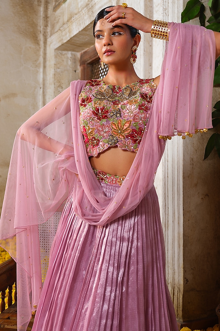 Mauve Kota Micro Pleated Wedding Lehenga Set by Anu Pellakuru at Pernia's Pop Up Shop