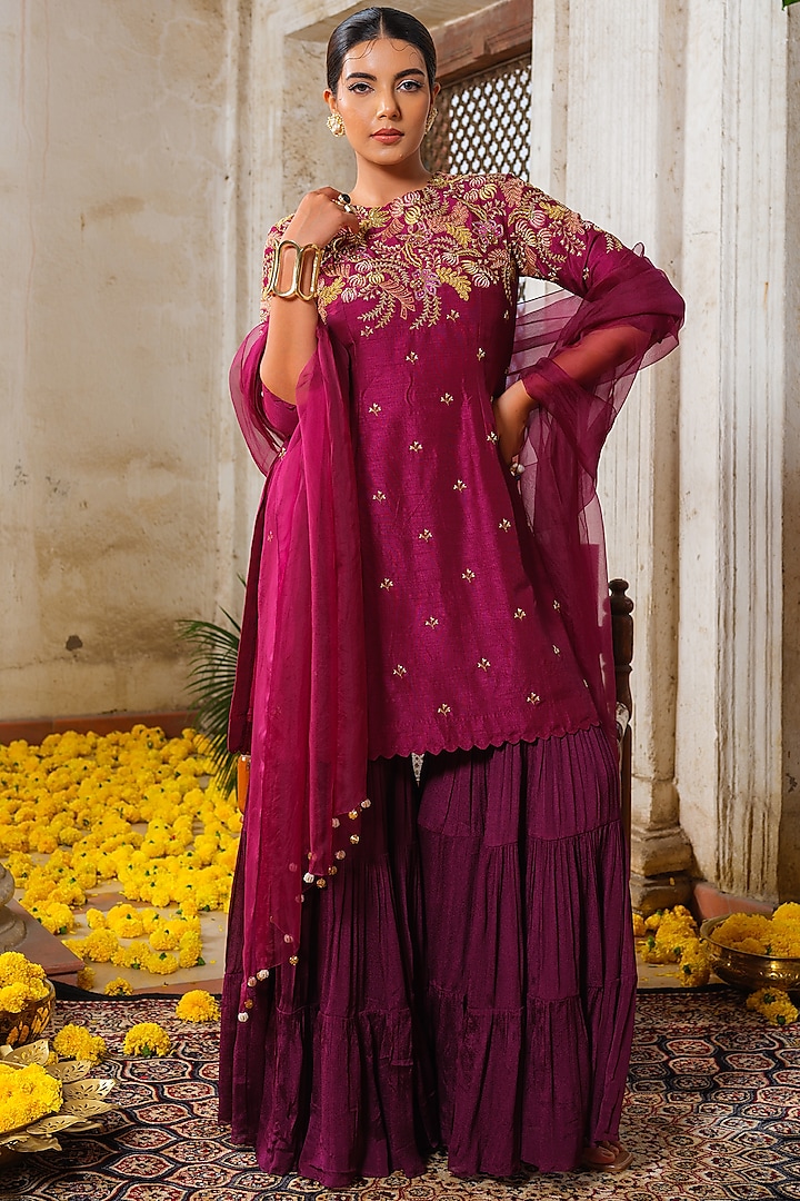 Wine Chinon Chiffon Sharara Set by Anu Pellakuru