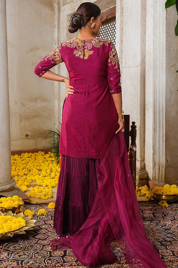 Wine Chinon Chiffon Wedding Sharara Set by Anu Pellakuru at Pernia's Pop Up Shop