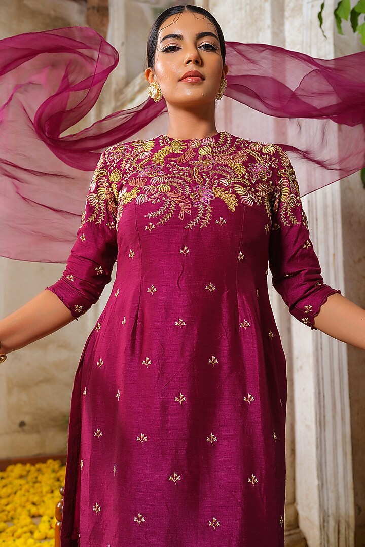 Wine Chinon Chiffon Wedding Sharara Set by Anu Pellakuru at Pernia's Pop Up Shop