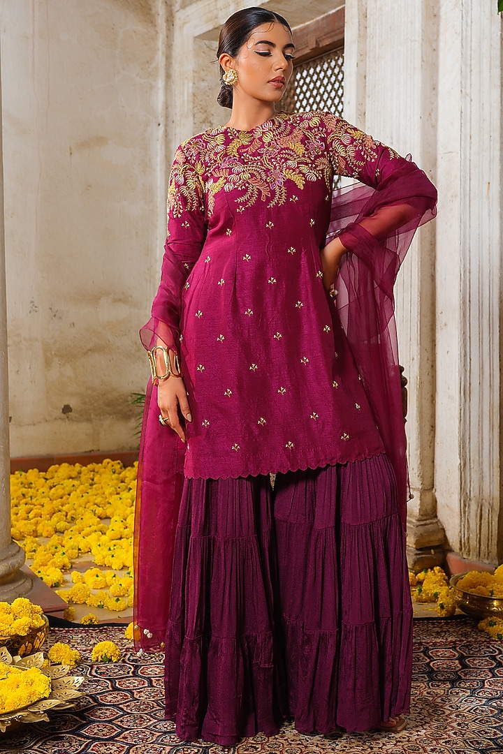 Wine Chinon Chiffon Wedding Sharara Set by Anu Pellakuru at Pernia's Pop Up Shop