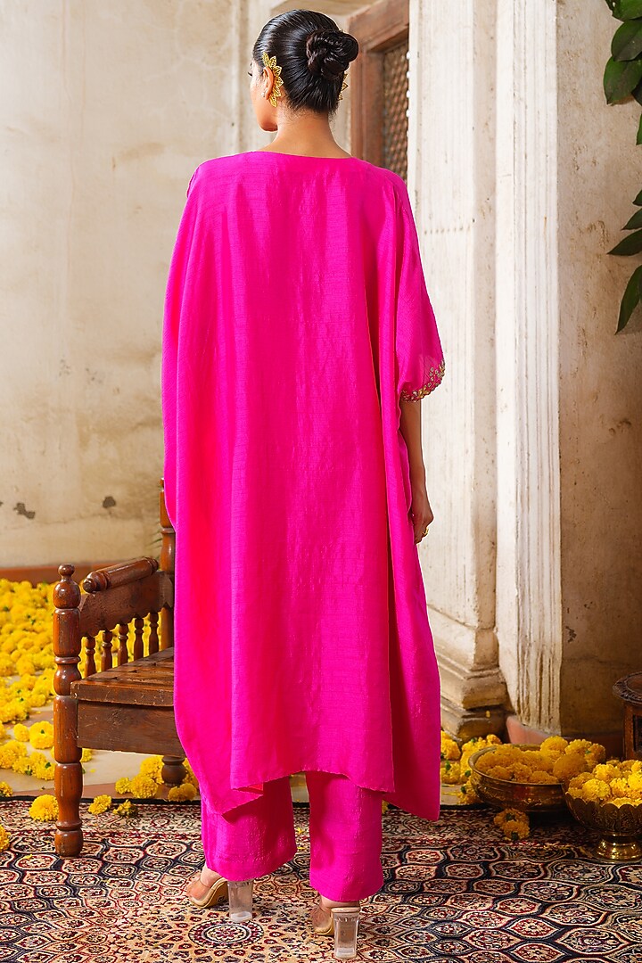 Hot Pink Linen Silk Zari & Pearl Embroidered Kaftan Tunic Set by Anu Pellakuru at Pernia's Pop Up Shop