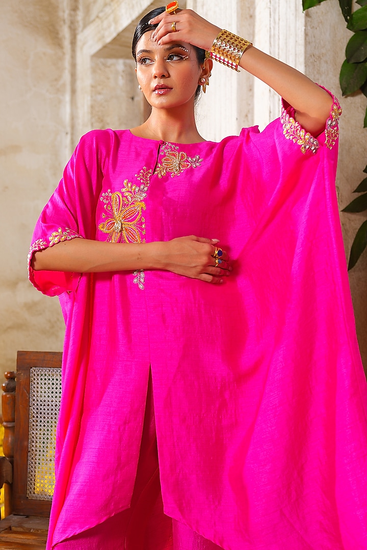 Hot Pink Linen Silk Zari & Pearl Embroidered Kaftan Tunic Set by Anu Pellakuru at Pernia's Pop Up Shop