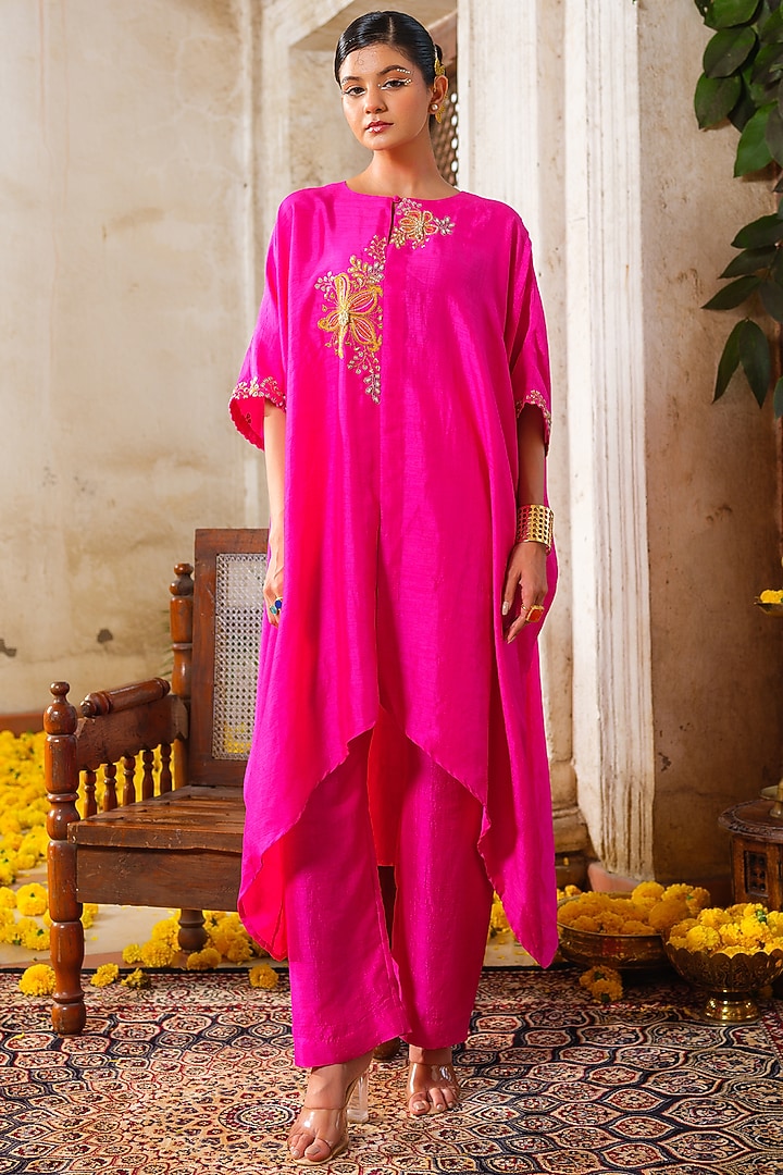 Hot Pink Linen Silk Zari & Pearl Embroidered Kaftan Tunic Set by Anu Pellakuru at Pernia's Pop Up Shop