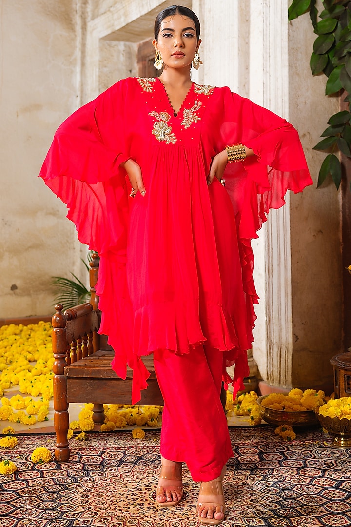 Bright Red Chinon Chiffon Pearl Hand Embroidered Ruffled Kaftan Tunic Set by Anu Pellakuru