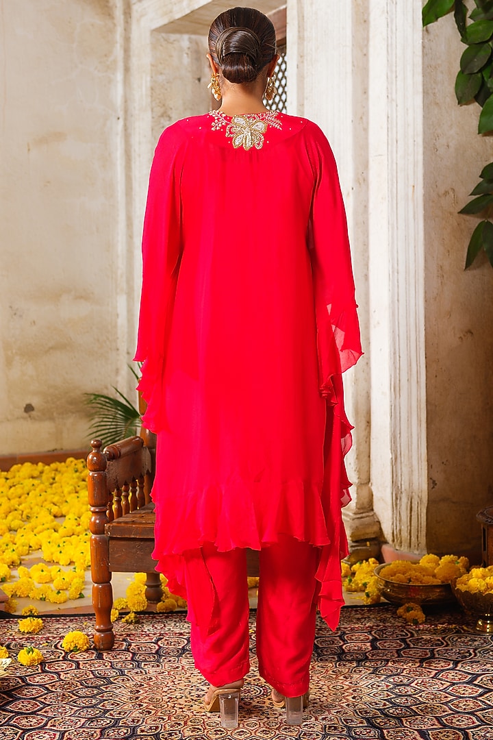 Bright Red Chinon Chiffon Pearl Hand Embroidered Ruffled Kaftan Tunic Set by Anu Pellakuru at Pernia's Pop Up Shop