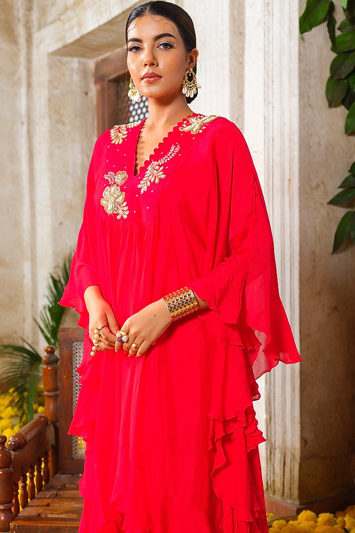 Bright Red Chinon Chiffon Pearl Hand Embroidered Ruffled Kaftan Tunic Set by Anu Pellakuru at Pernia's Pop Up Shop
