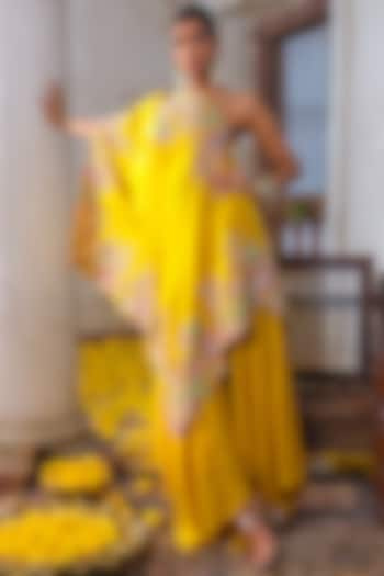 Mustard Yellow Pure Silk Floral Hand Embroidered One-Shoulder Kaftan Set by Anu Pellakuru at Pernia's Pop Up Shop