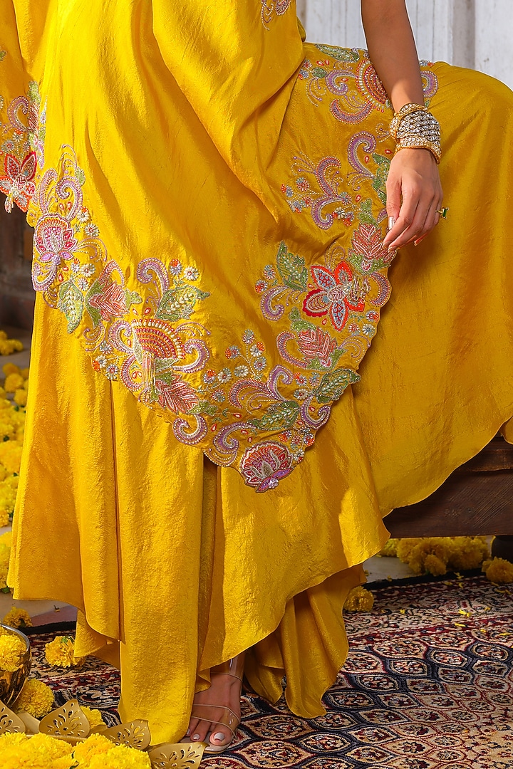 Mustard Yellow Pure Silk Floral Hand Embroidered One-Shoulder Kaftan Set by Anu Pellakuru at Pernia's Pop Up Shop