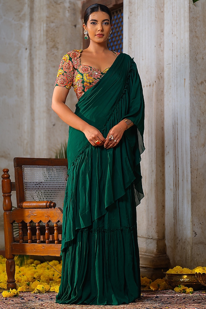 Emerald Green Chiffon Hand-Dyed Tiered Lehenga Saree Set by Anu Pellakuru at Pernia's Pop Up Shop