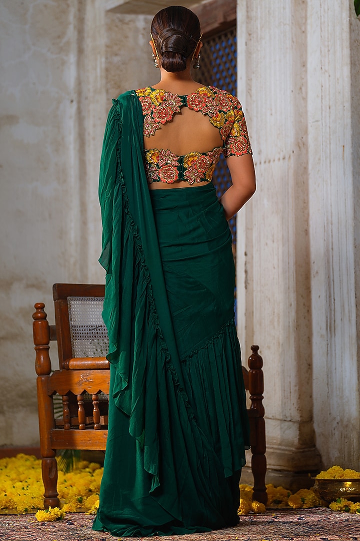 Emerald Green Chiffon Hand-Dyed Tiered Reception Lehenga Saree Set by Anu Pellakuru at Pernia's Pop Up Shop