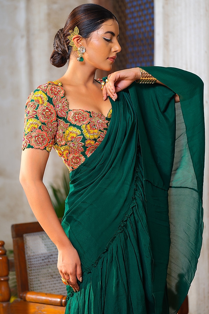 Emerald Green Chiffon Hand-Dyed Tiered Reception Lehenga Saree Set by Anu Pellakuru at Pernia's Pop Up Shop