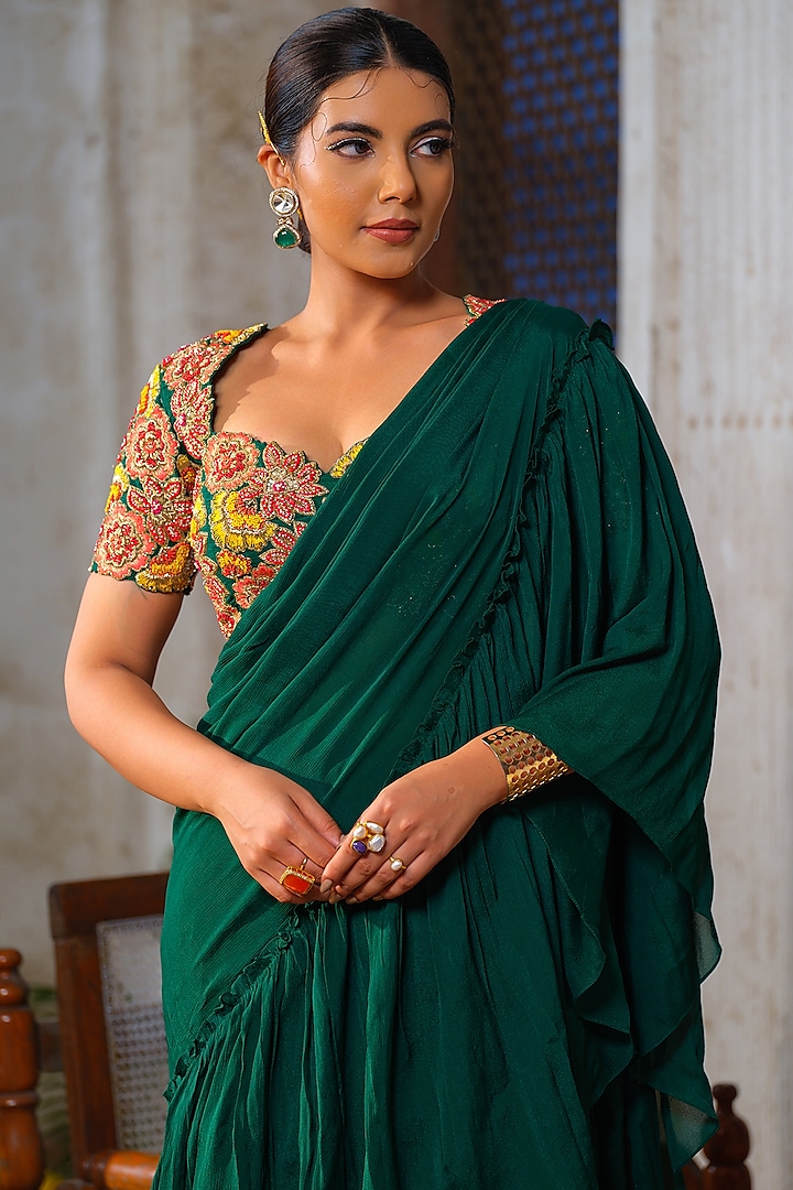 Emerald Green Chiffon Hand-Dyed Tiered Reception Lehenga Saree Set by Anu Pellakuru at Pernia's Pop Up Shop