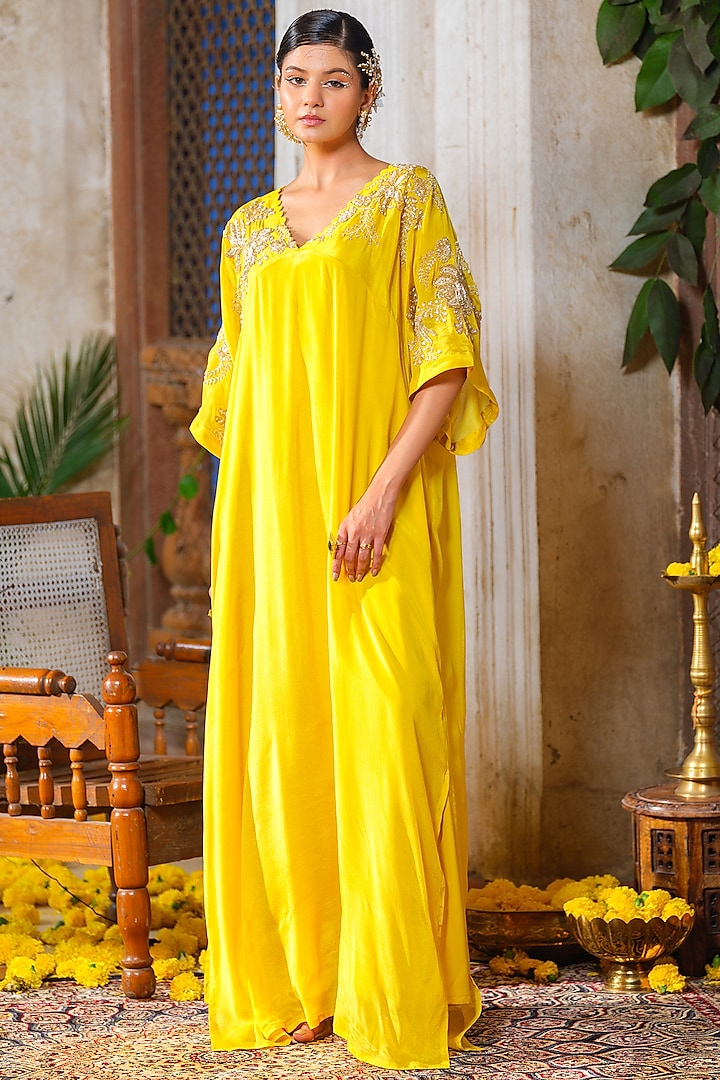 Bright Yellow Chinon Chiffon Floral Hand Embroidered Kaftan by Anu Pellakuru