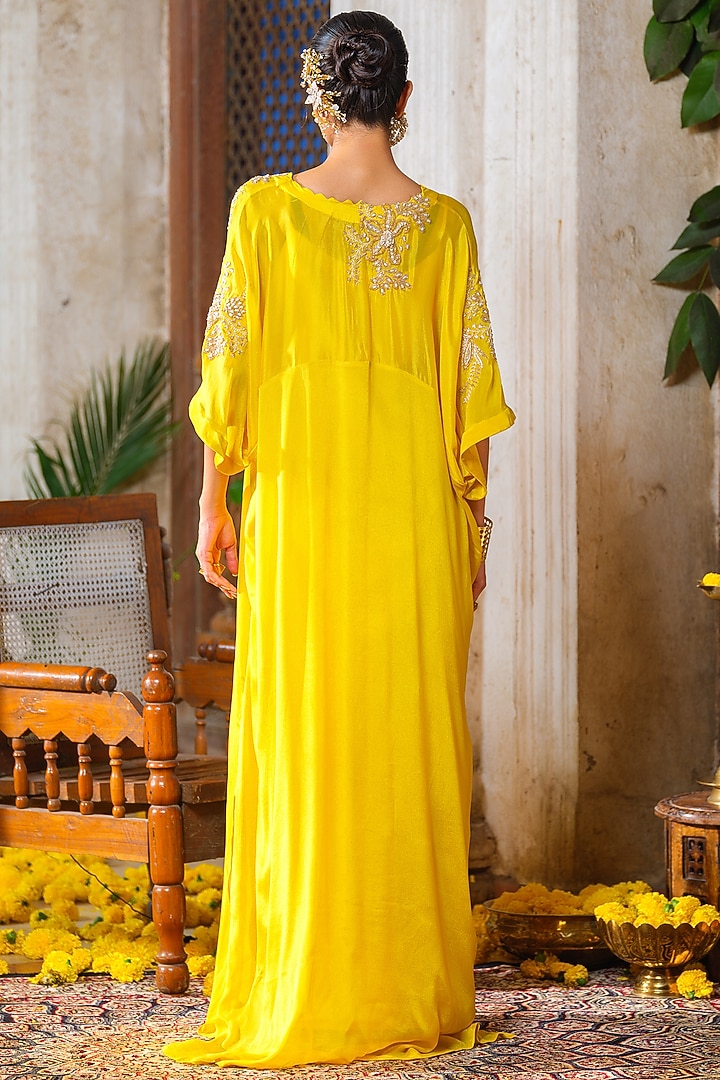 Bright Yellow Chinon Chiffon Floral Hand Embroidered Kaftan by Anu Pellakuru at Pernia's Pop Up Shop