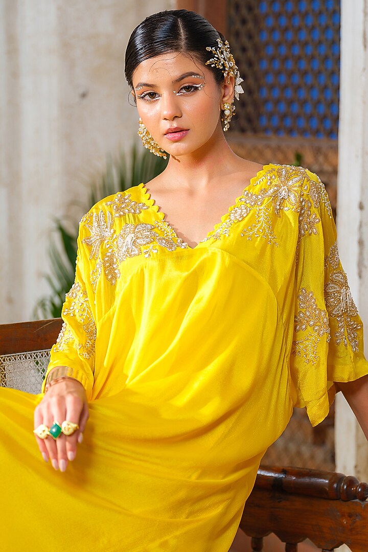 Bright Yellow Chinon Chiffon Floral Hand Embroidered Kaftan by Anu Pellakuru at Pernia's Pop Up Shop