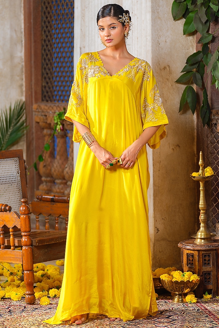 Bright Yellow Chinon Chiffon Floral Hand Embroidered Kaftan by Anu Pellakuru at Pernia's Pop Up Shop