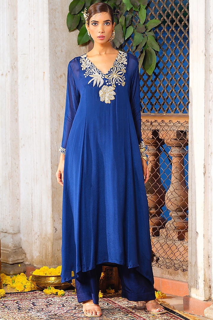 Navy Blue Chinon Chiffon Floral Hand Embroidered Tunic Set by Anu Pellakuru at Pernia's Pop Up Shop