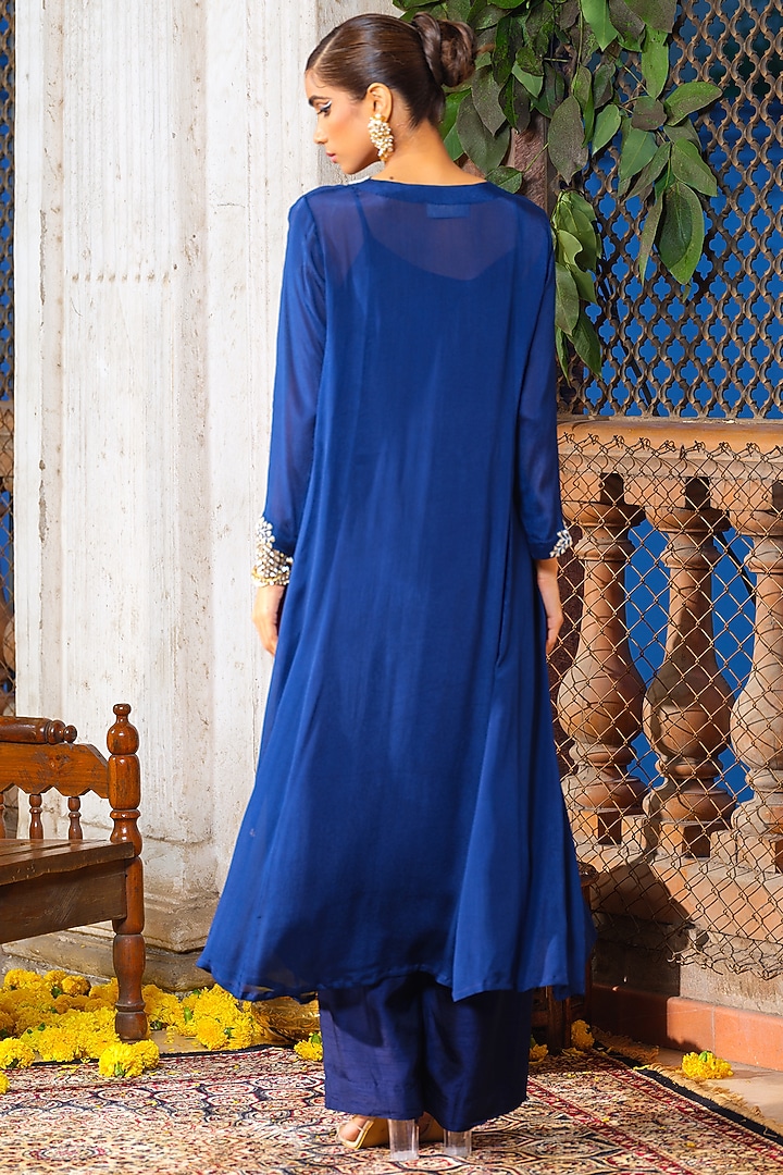 Navy Blue Chinon Chiffon Floral Hand Embroidered Tunic Set by Anu Pellakuru at Pernia's Pop Up Shop
