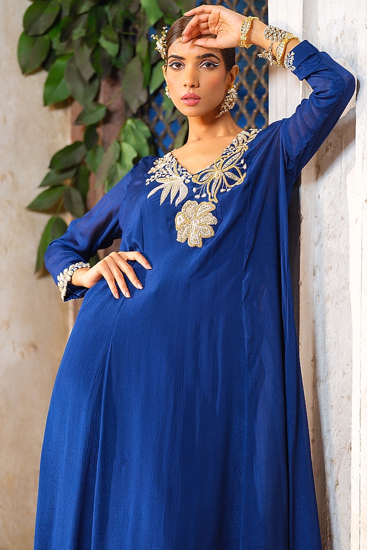Navy Blue Chinon Chiffon Floral Hand Embroidered Tunic Set by Anu Pellakuru at Pernia's Pop Up Shop