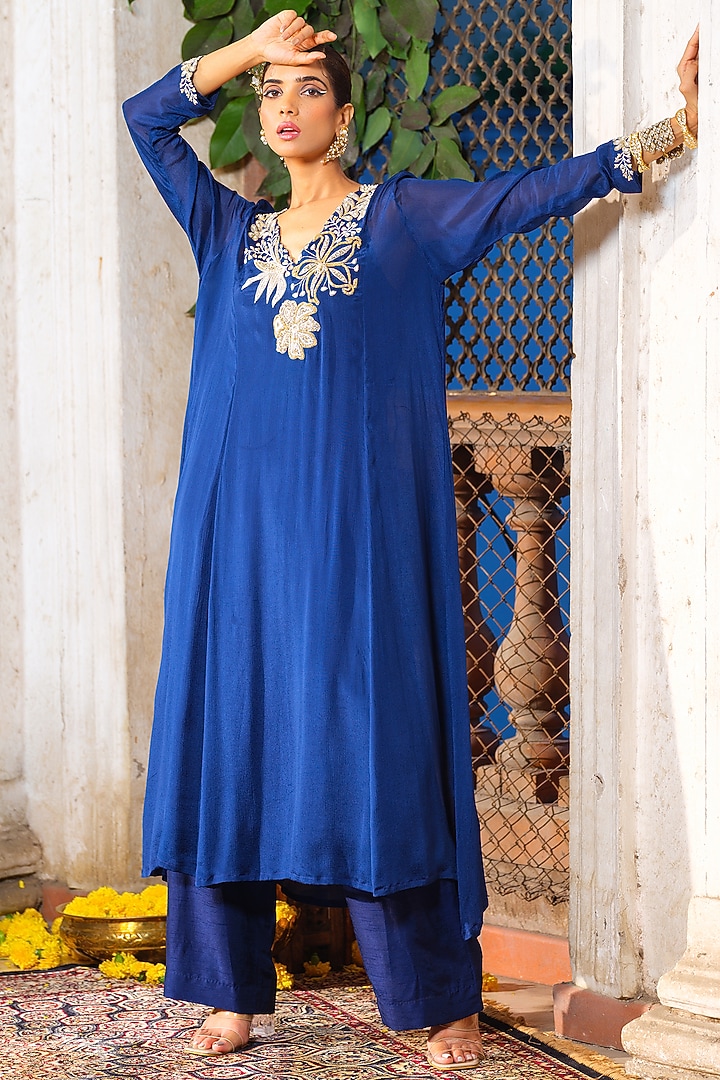 Navy Blue Chinon Chiffon Floral Hand Embroidered Tunic Set by Anu Pellakuru at Pernia's Pop Up Shop