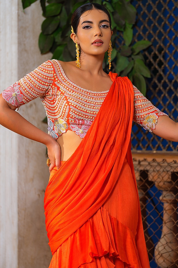 Orange Satin Chiffon Ruffled Pre-Draped Reception Saree Set by Anu Pellakuru at Pernia's Pop Up Shop