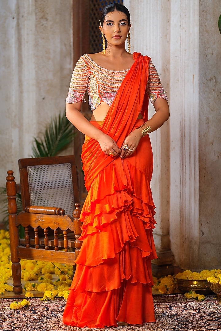 Orange Satin Chiffon Ruffled Pre-Draped Reception Saree Set by Anu Pellakuru at Pernia's Pop Up Shop