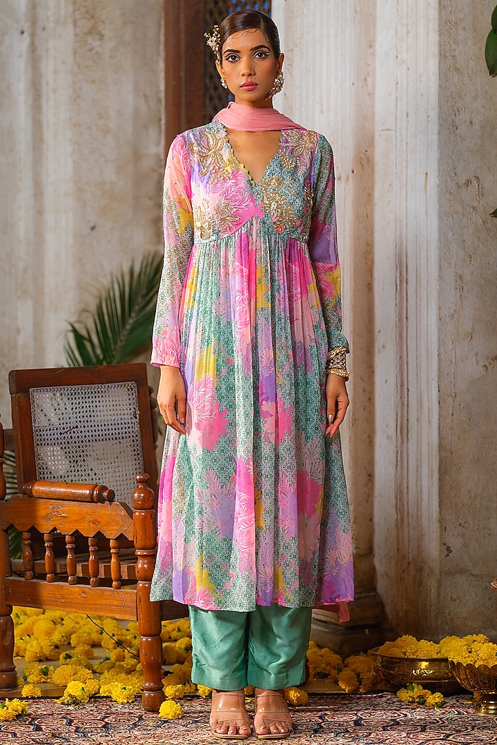 Mint Green & Peach Chiffon Printed & Embroidered Tunic Set by Anu Pellakuru