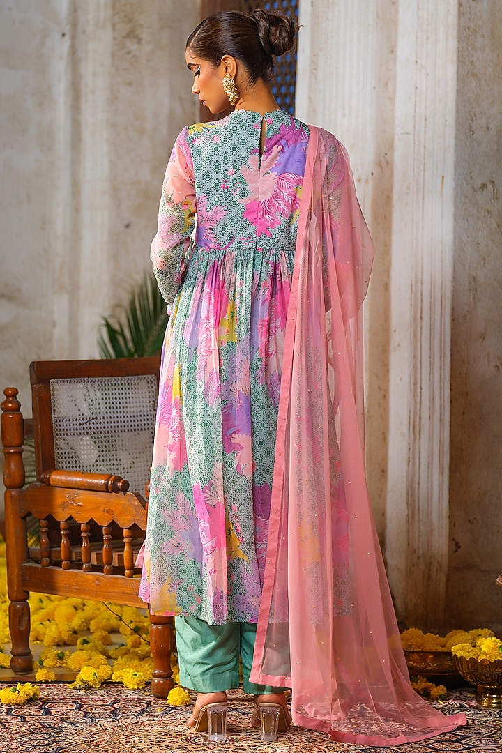 Mint Green & Peach Chiffon Printed & Embroidered Tunic Set by Anu Pellakuru at Pernia's Pop Up Shop