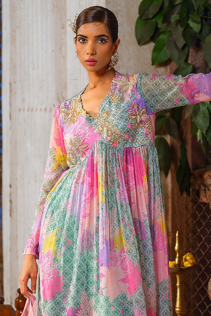 Mint Green & Peach Chiffon Printed & Embroidered Tunic Set by Anu Pellakuru at Pernia's Pop Up Shop