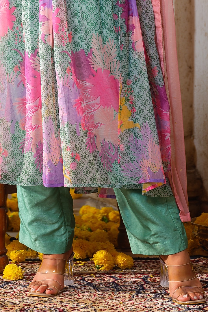Mint Green & Peach Chiffon Printed & Embroidered Tunic Set by Anu Pellakuru at Pernia's Pop Up Shop