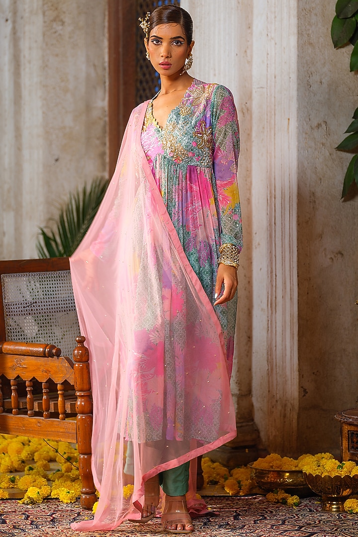 Mint Green & Peach Chiffon Printed & Embroidered Tunic Set by Anu Pellakuru at Pernia's Pop Up Shop