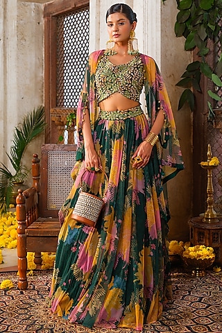 Emerald Green Net Floral Printed Jacket Lehenga Set by Anu Pellakuru