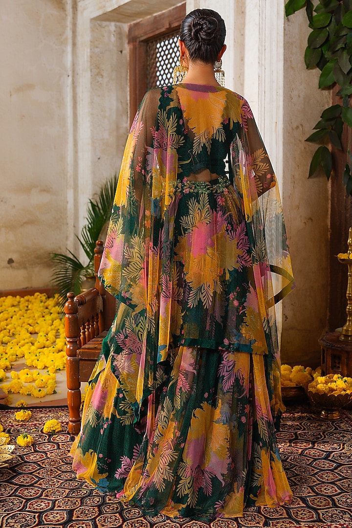Emerald Green Net Floral Printed Jacket Wedding Lehenga Set by Anu Pellakuru at Pernia's Pop Up Shop