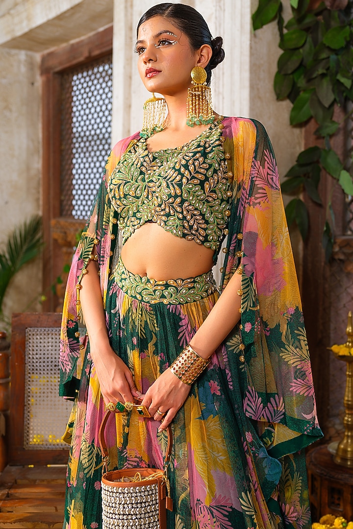 Emerald Green Net Floral Printed Jacket Wedding Lehenga Set by Anu Pellakuru at Pernia's Pop Up Shop
