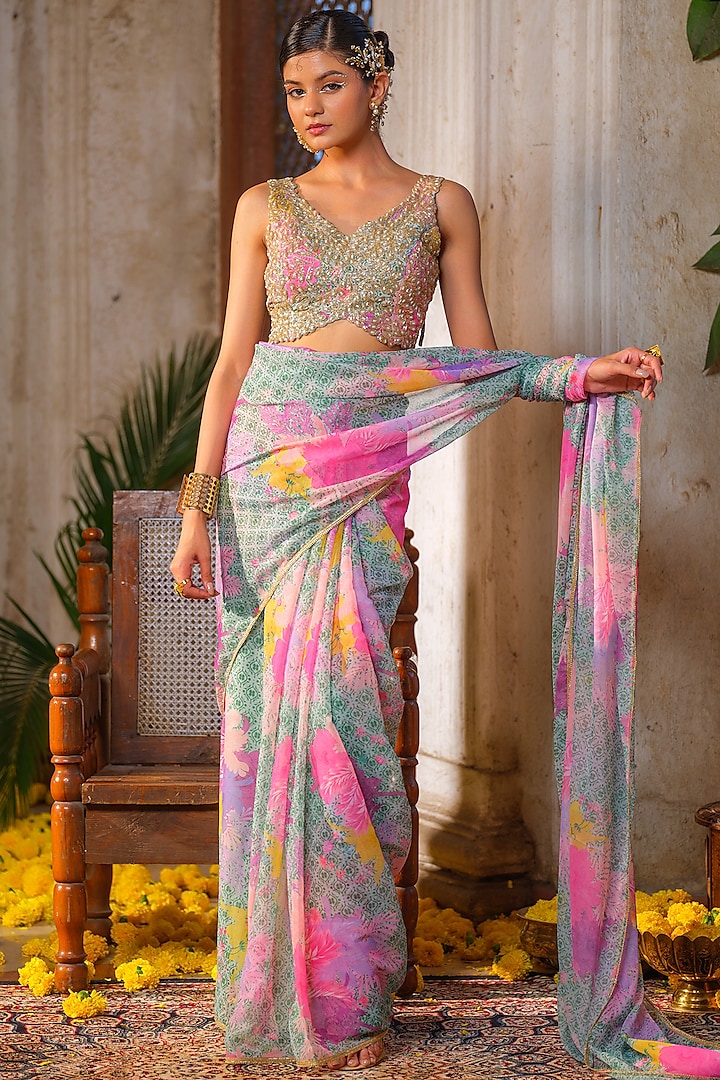 Mint Green Chiffon Floral Printed Saree Set by Anu Pellakuru