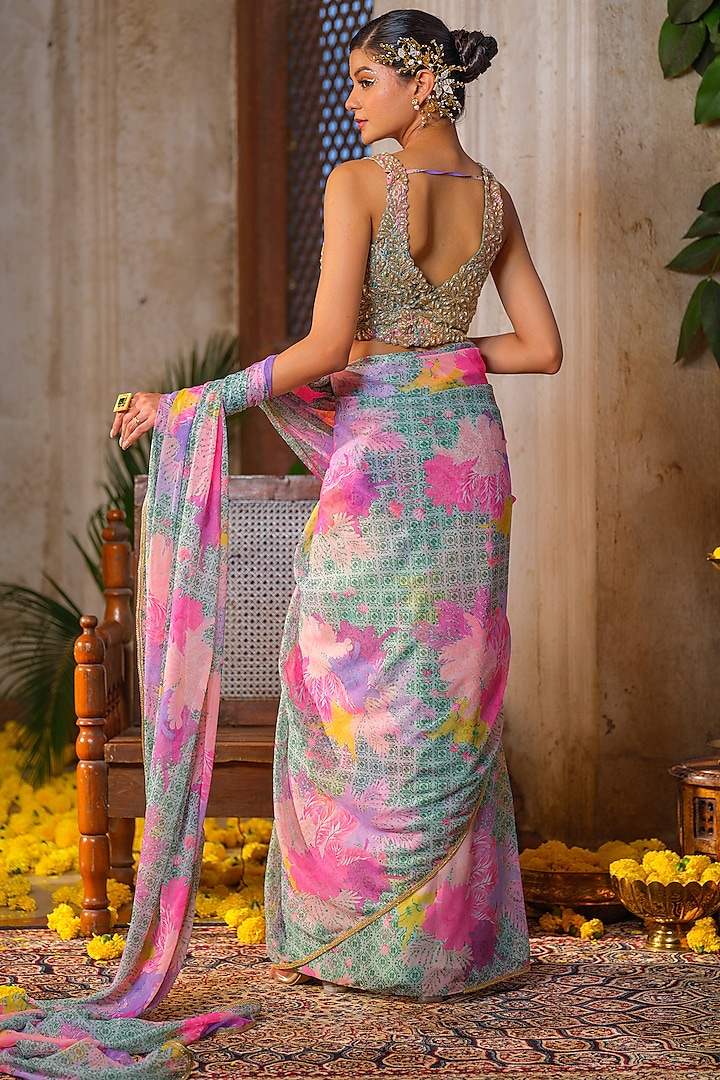 Mint Green Chiffon Floral Printed Wedding Saree Set by Anu Pellakuru at Pernia's Pop Up Shop