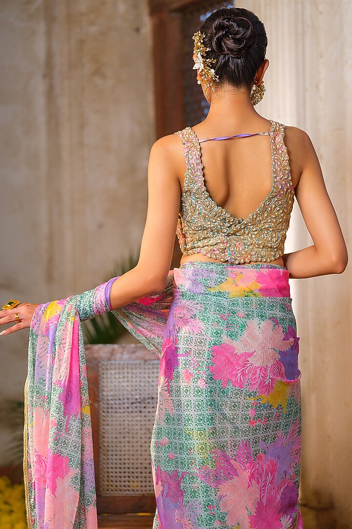 Mint Green Chiffon Floral Printed Wedding Saree Set by Anu Pellakuru at Pernia's Pop Up Shop