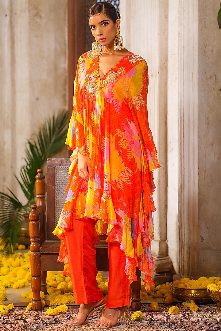 Orange Chiffon Floral Printed & Embroidered Ruffled Tunic Set by Anu Pellakuru