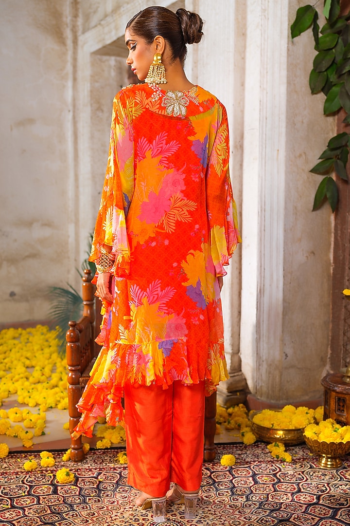 Orange Chiffon Floral Printed & Embroidered Ruffled Tunic Set by Anu Pellakuru at Pernia's Pop Up Shop