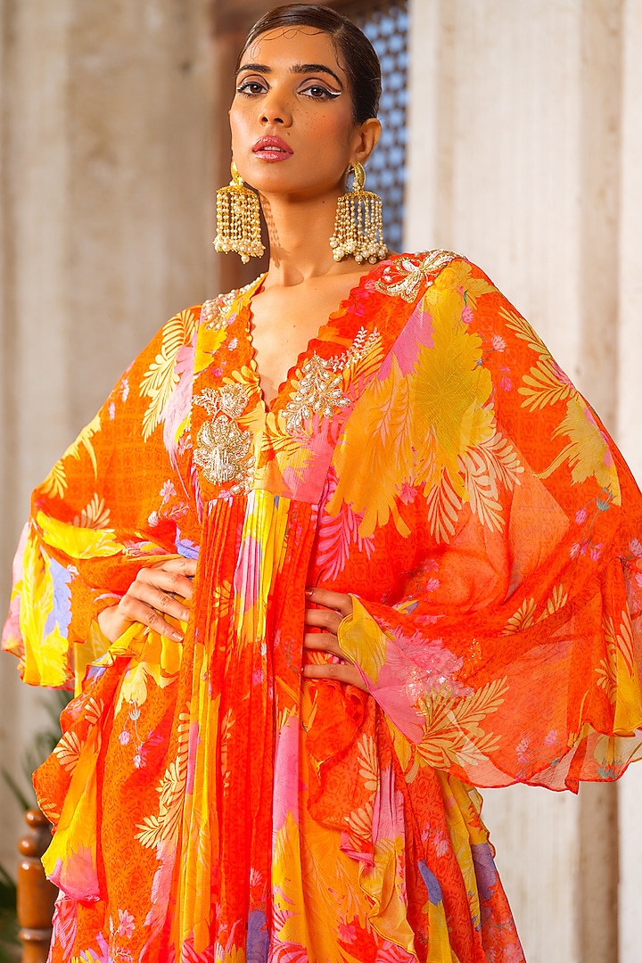 Orange Chiffon Floral Printed & Embroidered Ruffled Tunic Set by Anu Pellakuru at Pernia's Pop Up Shop