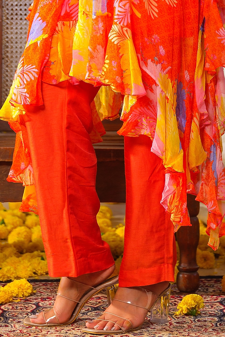 Orange Chiffon Floral Printed & Embroidered Ruffled Tunic Set by Anu Pellakuru at Pernia's Pop Up Shop