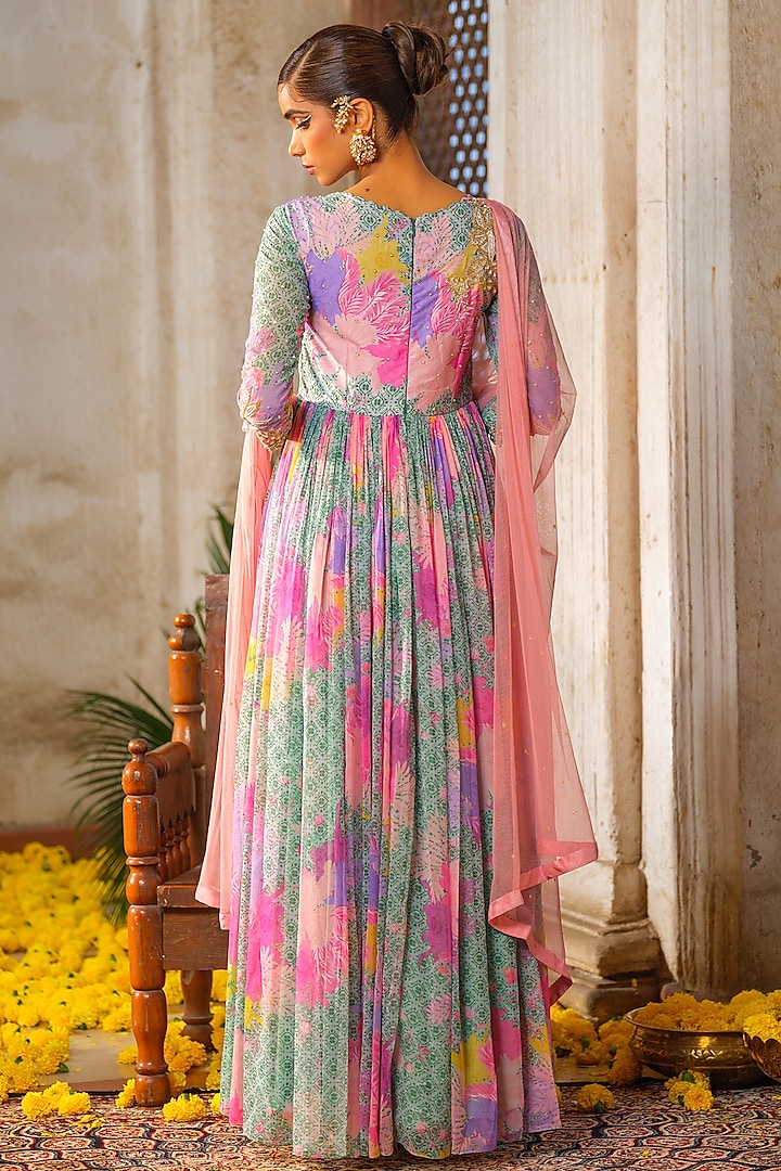 Mint Green & Peach Chiffon Floral Printed & Zari Embroidered Wedding Anarkali Set by Anu Pellakuru at Pernia's Pop Up Shop