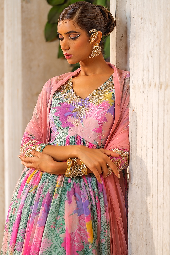 Mint Green & Peach Chiffon Floral Printed & Zari Embroidered Wedding Anarkali Set by Anu Pellakuru at Pernia's Pop Up Shop