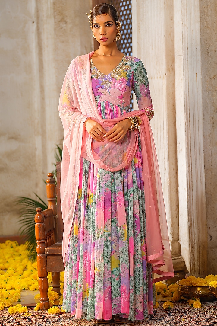 Mint Green & Peach Chiffon Floral Printed & Zari Embroidered Wedding Anarkali Set by Anu Pellakuru at Pernia's Pop Up Shop