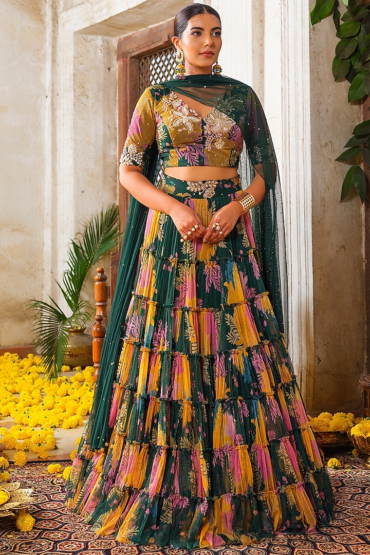 Emerald Green Net Floral Printed Frilled Tiered Lehenga Set by Anu Pellakuru